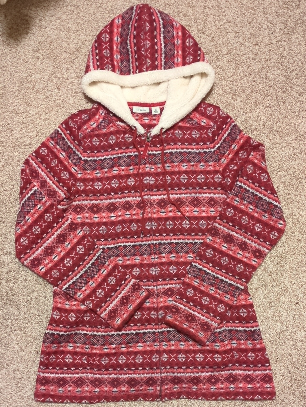 L.L. Bean Red Fair Isle Sherpa Hoodie Jacket Coat Size M